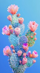 A vibrant cactus plant bursting with color stands out strikingly against a bright blue background, showcasing its unique shape and textures
