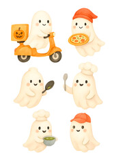 Pizza Chef Ghosts – Cute Watercolor Halloween Cooking Ghosts