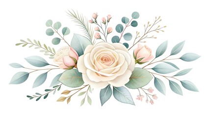 Elegant watercolor floral arrangement featuring cream roses and soft greenery