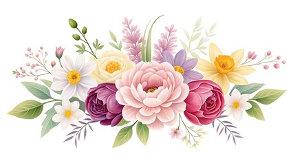 Elegant watercolor floral arrangement featuring peonies daffodils and lavender blooms