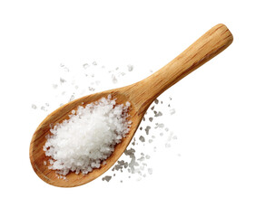 Wooden spoon holding coarse sea salt, scattered around