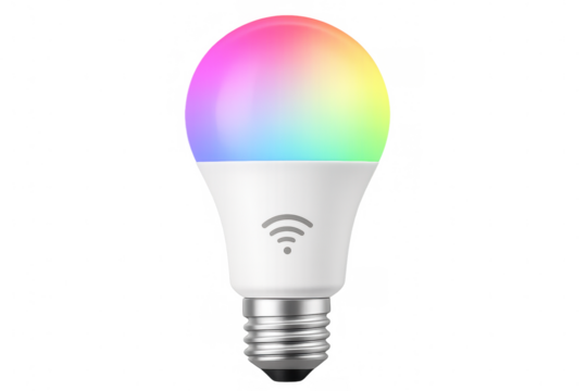 Smart led light bulb emitting dynamic multicolor illumination, displaying wireless technology and contemporary design against transparent surface