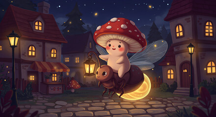 Cartoon fox merchant offering glowing potions at whimsical fantasy market stall