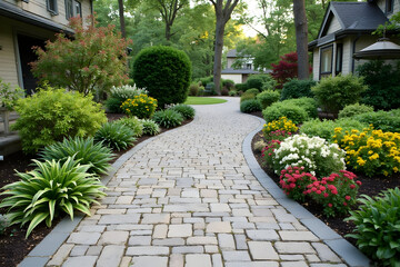 Obraz premium Walking Along a Stone Path Through a Beautiful Garden