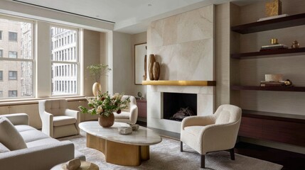 Contemporary sofa with neutral-toned pillows, showcasing minimalist design and elegant background blur.
