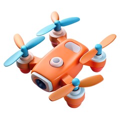 Bright orange mini drone with blue propellers and camera for aerial photography and fun