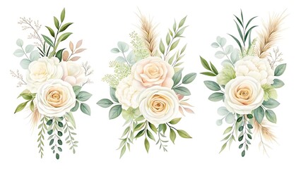 Elegant watercolor floral arrangements featuring cream roses and pampas grass for romantic designs