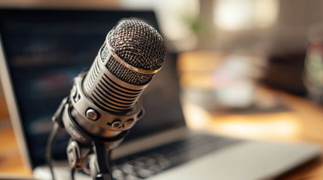 Student Shares Valuable Study Tips While Recording a Podcast With Laptop and Microphone During Afternoon Session in Cozy Workspace
