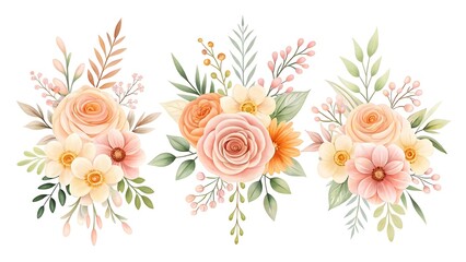 Elegant watercolor floral arrangements featuring soft peach and pink roses and delicate greenery