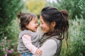 A woman is holding a baby and smiling