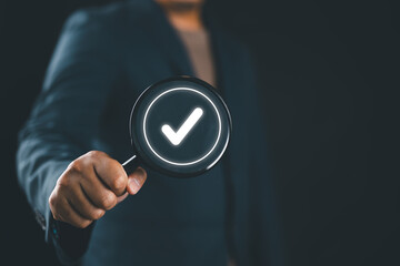 Magnifying glass and check mark icon, show check the authenticity of the document, concept of rules...