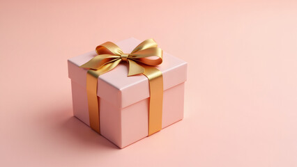 Obraz premium Pink gift box with golden ribbon on pink backdrop, celebration theme!