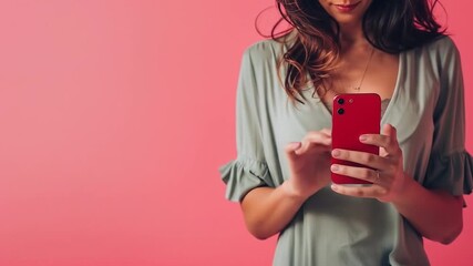 Anonymous woman swiping through dating app on smartphone against vibrant pink background, showcasing modern online romance and digital relationship culture