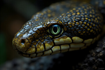 Obraz premium Close-up of Snake Head with Detailed Scales and Captivating Green Eye