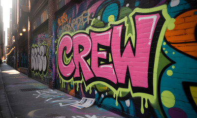 Colorful graffiti art on urban alley wall