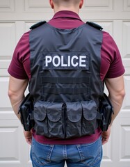 back view of tactical vest with police label, standing against garage door