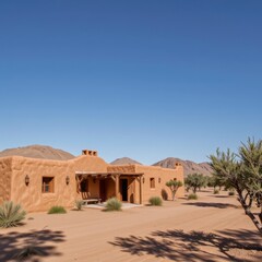 eco hotel made from clay and natural materials, desert landscape, warm tones, vernacular green architecture