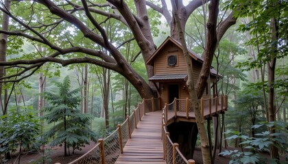 treehouse built into a giant tree with rope bridge, surrounded by rainforest, fantasy vibe, harmony with ecosystem