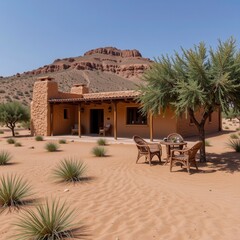 eco hotel made from clay and natural materials, desert landscape, warm tones, vernacular green architecture