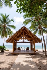 pavilion with bamboo frame and thatched roof by the ocean, tropical setting, natural materials, eco tourism concept