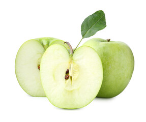 Cut and whole green apples with leaf isolated on white