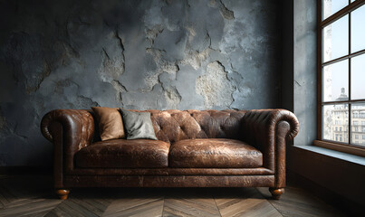 A brown leather couch with tufted detailing sits against a mottled gray wall near a large window