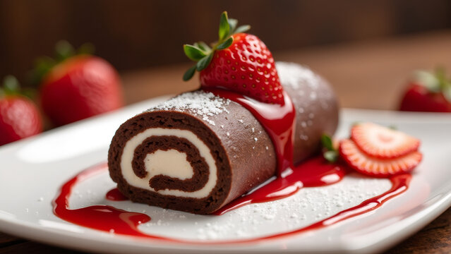 Chocolate Swiss roll with strawberry and cream on a white plate