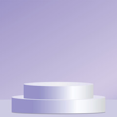 Minimalist two tiered white podium on a soft purple background
