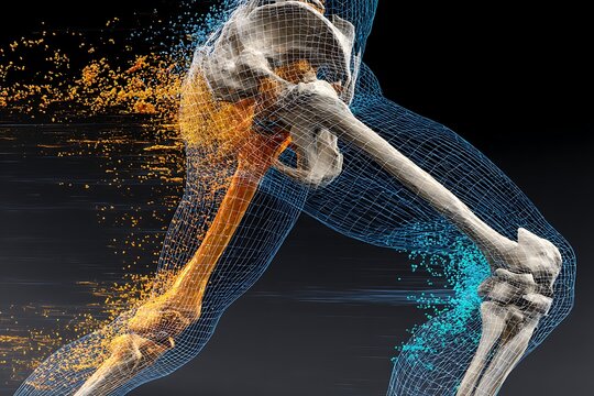 Dynamic 3D Render of a Human Leg Skeleton with Wireframe and Particle Effects for Medical Visualization and Anatomical Study