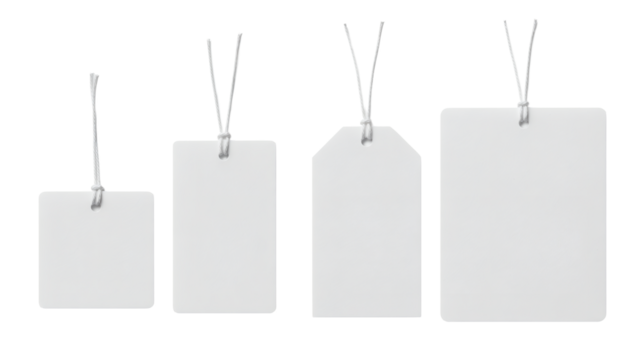 Four blank white tags with string, varying shapes and sizes