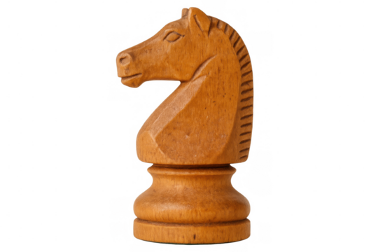 Chess knight wooden piece positioning against transparent backdrop, clean isolated rendering
