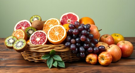 Fresh, vibrant fruits like apples, oranges, grapes, and kiwi, perfect for a healthy still life