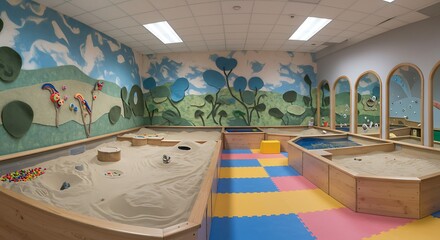 Bright, playful indoor children's sensory room with sandboxes, water table, and whimsical mural.