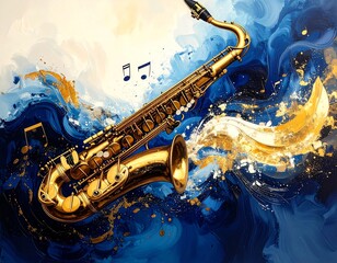 Generated image サックス バリトンサックス 楽器 金管楽器 木管楽器 ジャズ 音楽 メロディー 音符 音の波 演奏 サウンド サックス演奏 アート 抽象アート 現代アート 音楽アート ブルー ゴールド カラフル 絵画風 油彩風 デジタルアート インスピレーション 芸術 音楽表現 躍動感 リズム ミュージック サウンドウェーブ ビジュアルアート ハーモニー 抽象表現 デザイン 想像力