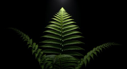 A single fern plant stands tall against a dark background, its vibrant green fronds illuminated by a soft light, creating a striking contrast.