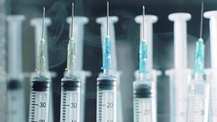 A collection of sterile medical syringes with needles lined up for healthcare procedures.