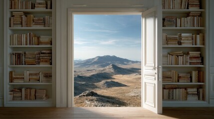 Open Door Inviting Exploration of Vast Landscapes and Endless Knowledge Through Books in an Expansive Library Setting
