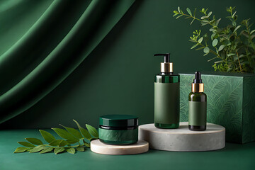Fototapeta premium Matte Dark Green Background with Soft Vignette Lighting and Smooth Texture – Elegant Backdrop for Nature-Inspired Branding, Eco-Luxury Product Photography, Minimalist Presentations, and Mockup Scenes 