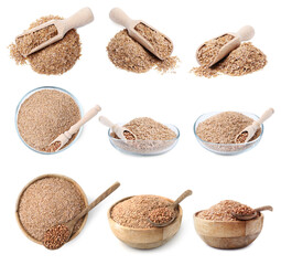 Buckwheat bran isolated on white, set. Top and side view