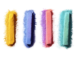 Four colored chalks, vertically aligned, showing chalk dust around each