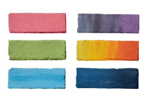 Six rectangular blocks of colorful, textured material