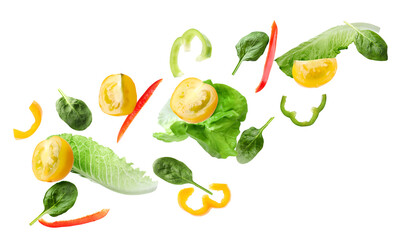 Fresh vegetables for salad flying against white background