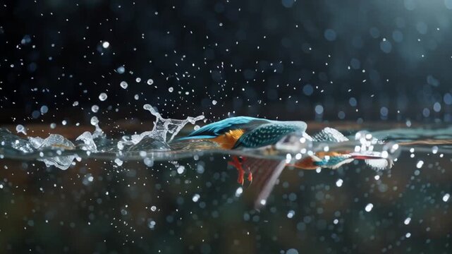 Common Kingfisher diving into water with dramatic splashes, Alcedo atthis bird hunting underwater, high speed wildlife action photography