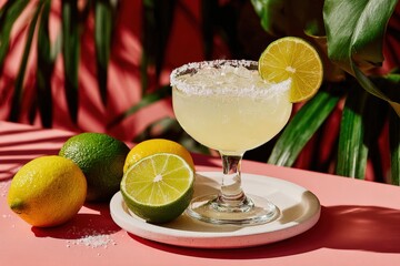 Fototapeta premium Glass of margarita cocktail is garnished with lime and salt, accompanied by lemons and limes on a plate, on a pink table against a backdrop of tropical plants