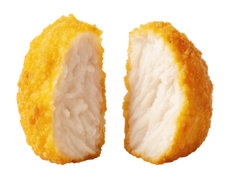 A single crispy golden fried chicken nugget cut in half showing the tender white meat texture inside, Isolated on Transparent and White Background