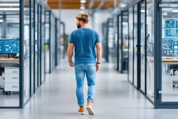 Technology with human minimal concept ofYoung professional walks through AI-enhanced smart office where intelligent walls shift interfaces based on voice command and mood tracking, showcasing