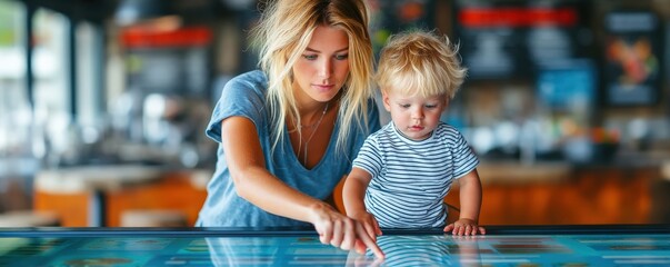 Technology with human minimal concept ofMother and child read interactive storybook projected from smart table, responding to voice tone and questions, showcasing family friendly AI, emotional