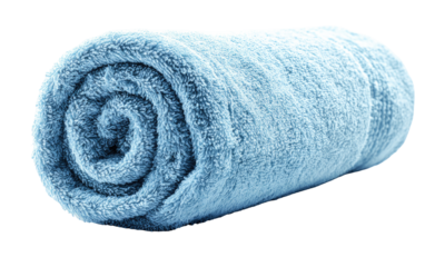 Rolled light-blue bath towel against a black background