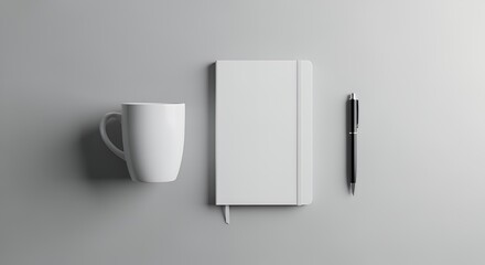 Simple minimalist workspace featuring a white mug, notebook, and pen on a neutral gray background.