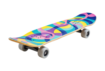 A vibrant longboard skateboard with a colorful abstract wavy graphic design, black trucks, and grey wheels, Isolated on Transparent and White Background
